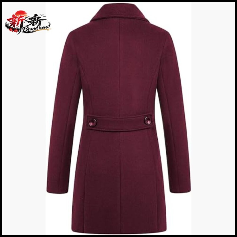 Wool Blend Pea Coat Notched Lapel Double Breasted Mid Long Overcoat - Picture 3 of 3